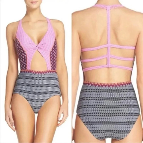 BCA by Rebecca Virtue Cut Out One Piece Swimsuit Mixed Boho Print, size Small S - Picture 2 of 5